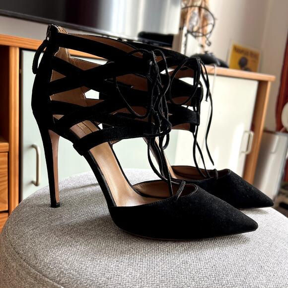 Aquazzura Belgravia Lattice Suede Pointed Toe Black Pumps size 40 SW - Picture 2 of 6